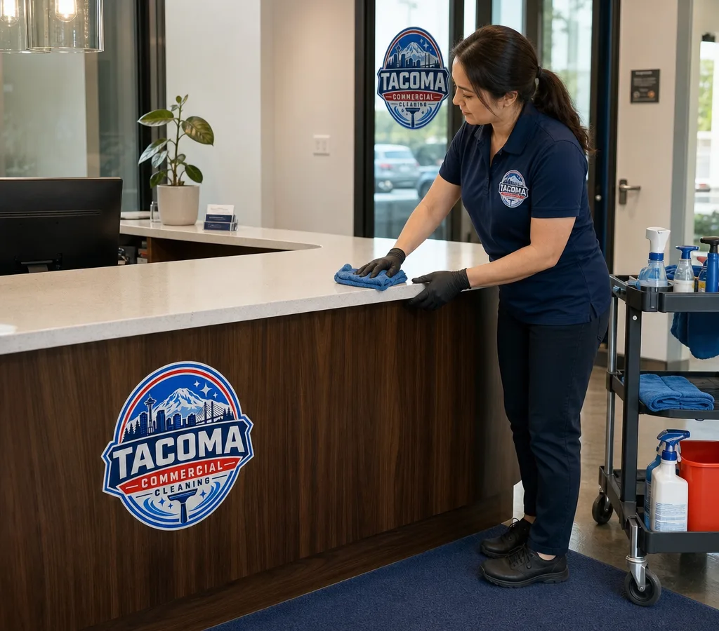 Cleaner disinfecting a reception counter and door hardware in a modern Tacoma office
