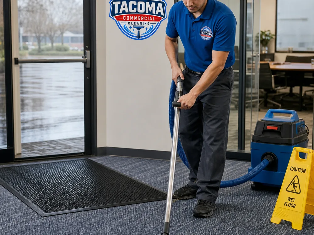 Cleaner vacuuming commercial carpet near an office entryway with walk-off matting