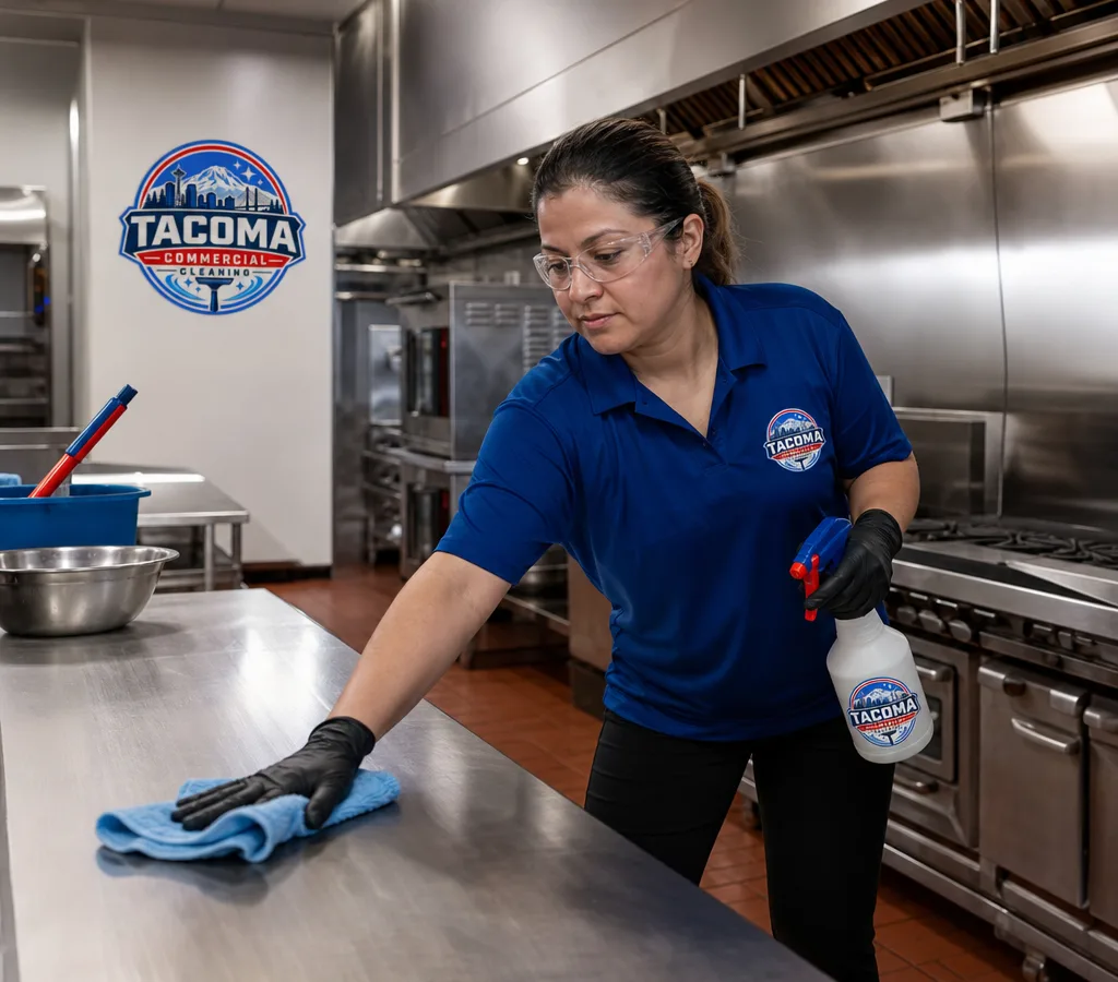 Commercial cleaner in protective equipment wiping stainless prep tables on a restaurant cook line