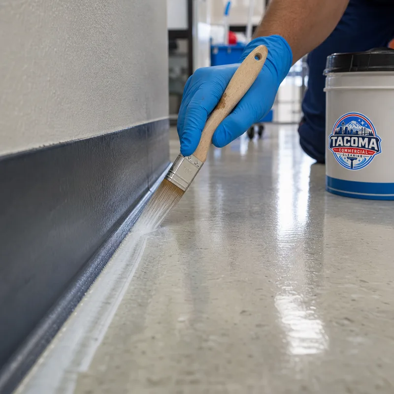 Freshly recoated VCT floor edge with clean cut-in lines and uniform finish near a baseboard
