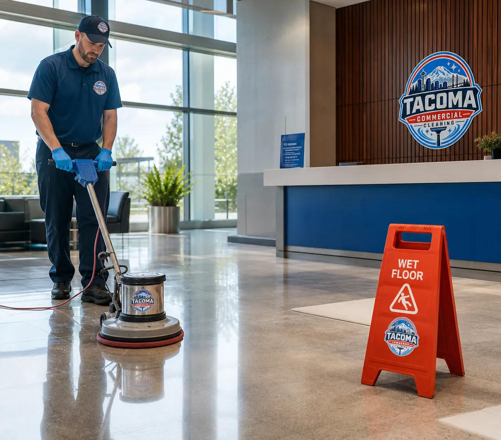 Technician burnishing a glossy commercial VCT floor in a Tacoma office lobby with safety signage in place