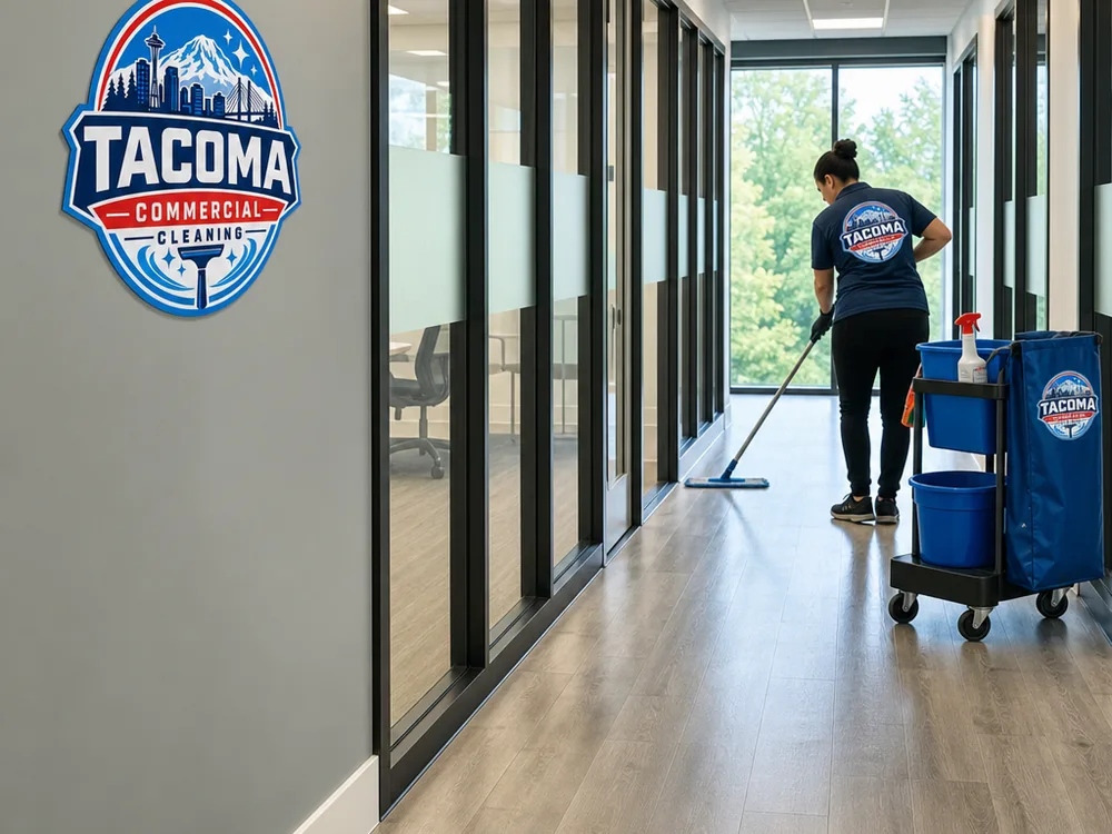 Finished office suite corridor with clean floors, bright baseboards, and spotless interior glass after final cleaning
