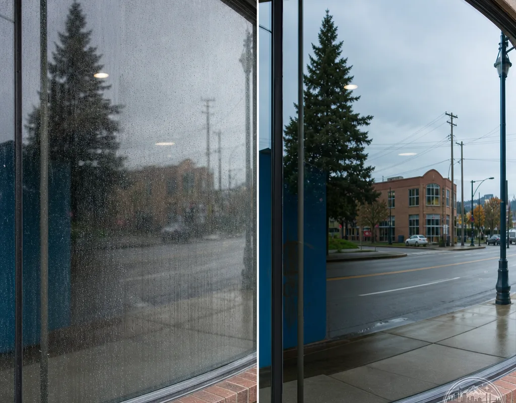 Before-and-after comparison of a Tacoma storefront window showing haze and water spots beside clear glass with crisp reflections