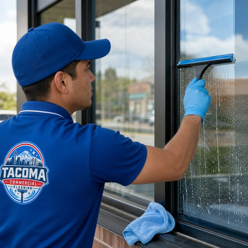 Technician squeegeeing a commercial storefront pane and detailing the frame corner with a microfiber cloth