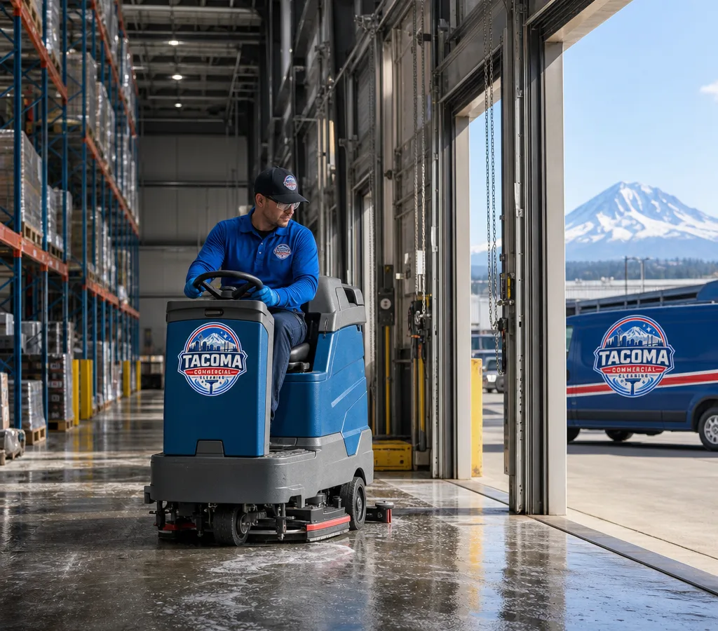 Technician using an auto scrubber in a wide Tacoma industrial warehouse aisle with racking and dock doors visible