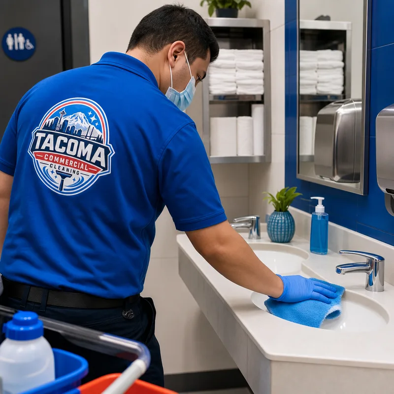Stocked and disinfected medical restroom with clean fixtures, dry floors, and arranged consumables