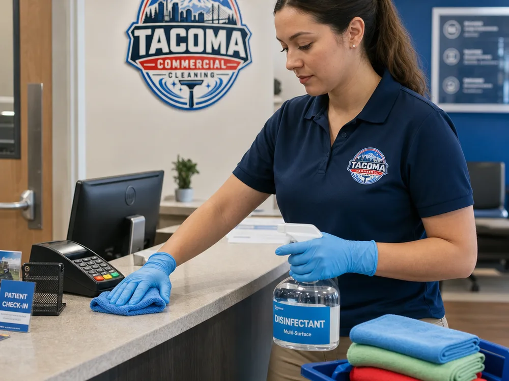 Gloved hands disinfecting high-touch points in a medical reception area with organized cleaning supplies