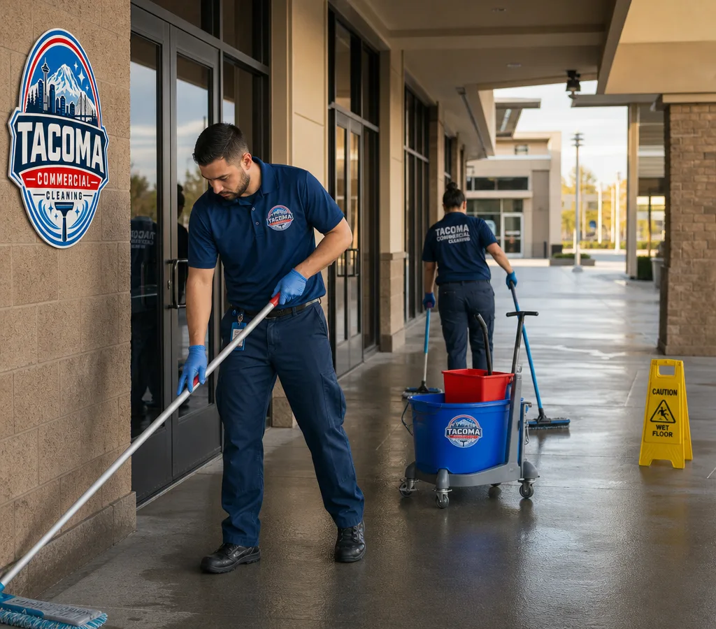 Early-morning cleaning team mopping and detailing a shopping center corridor with storefronts and glass entries