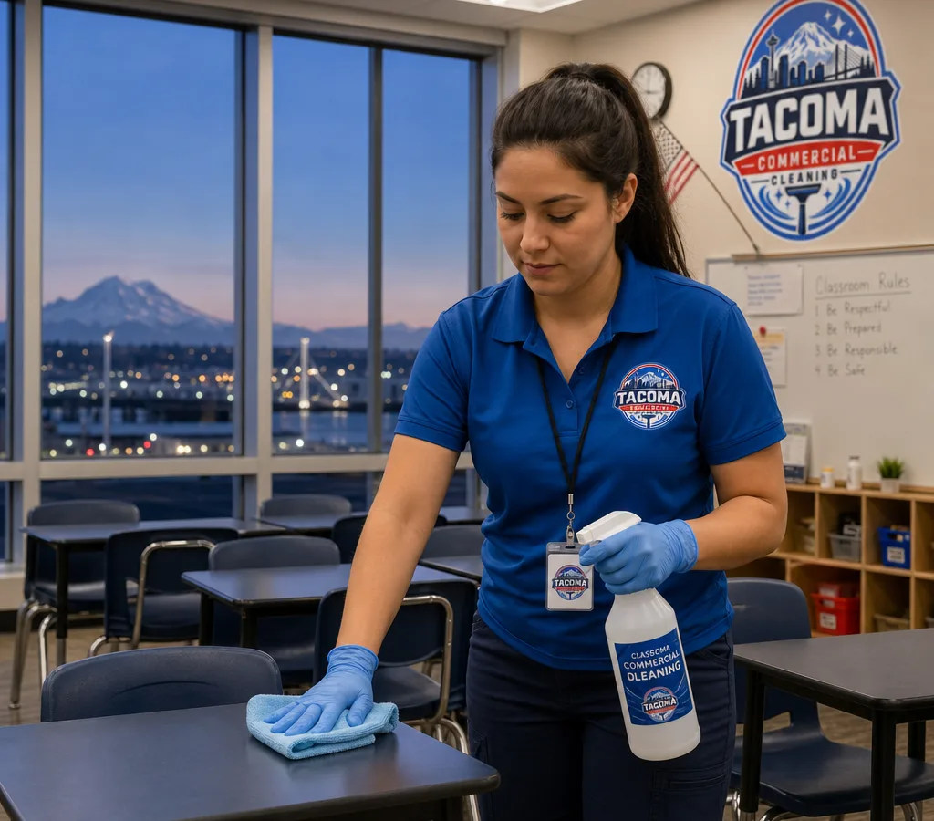 Professional cleaner disinfecting classroom desks and high-touch points after school hours in Tacoma