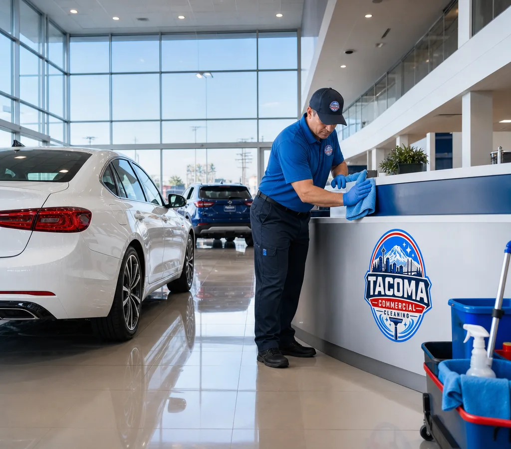 Clean modern Tacoma car dealership showroom with glossy floors, spotless glass, staged vehicles, and a cleaner detailing a high-visibility area
