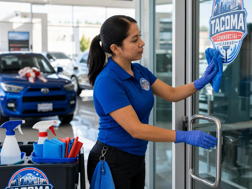Cleaner using a microfiber system on dealership showroom glass and door handles beside vehicles on a glossy floor