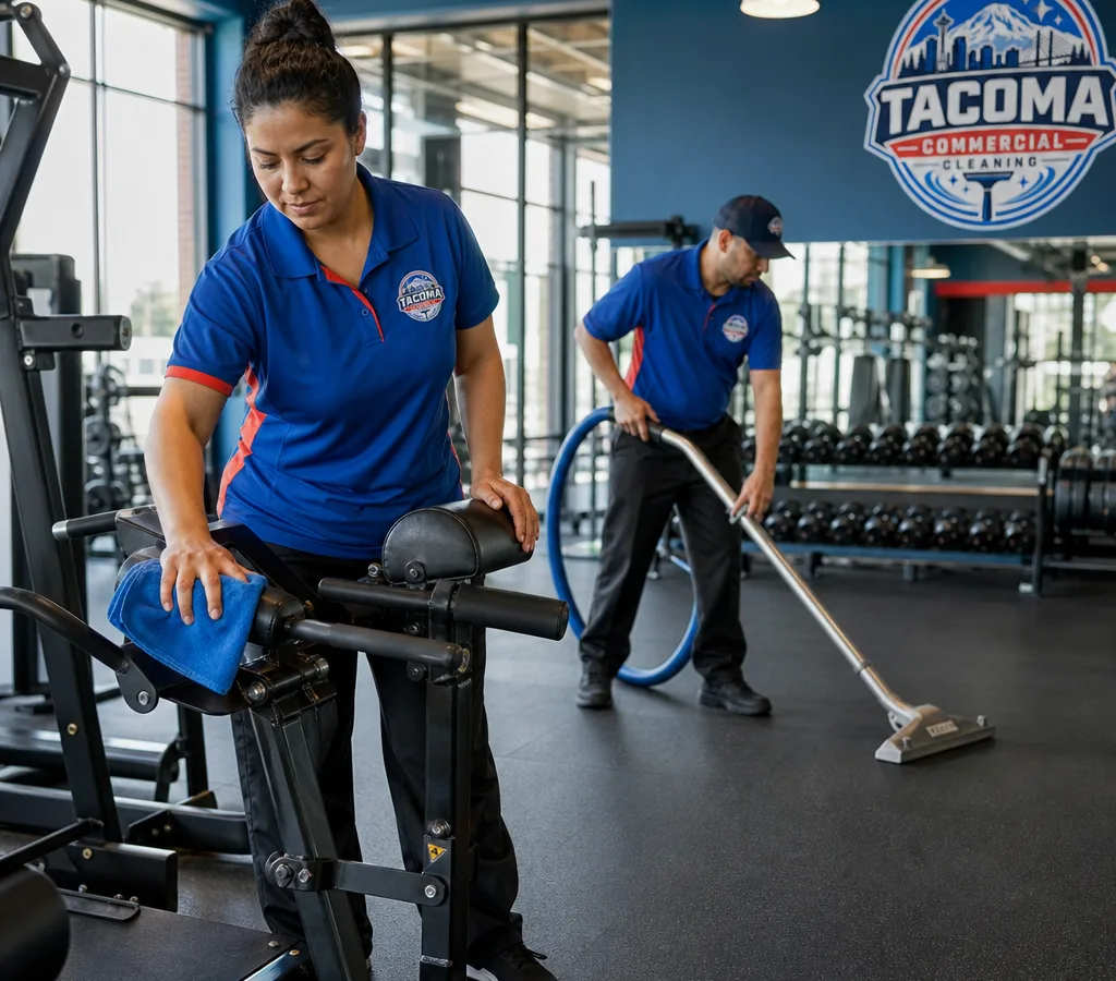 Cleaner wiping strength equipment while a floor technician vacuums rubber flooring in a modern fitness center
